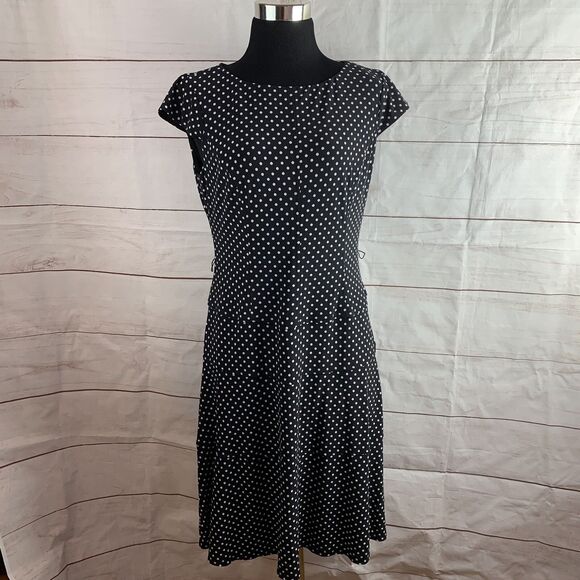 AK Anne Klein Dress Polka Dot A-line Fit-and-Flare Black 8 M Elastic Belt zipper - Picture 9 of 16